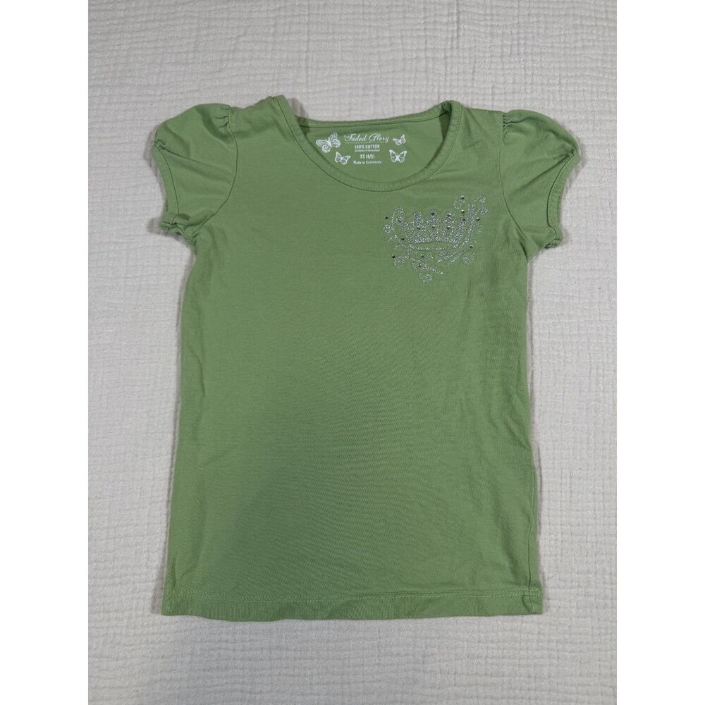 Y2K Faded Glory Girls Green Bedazzled Crown T-Shirt Size XS (4/5)